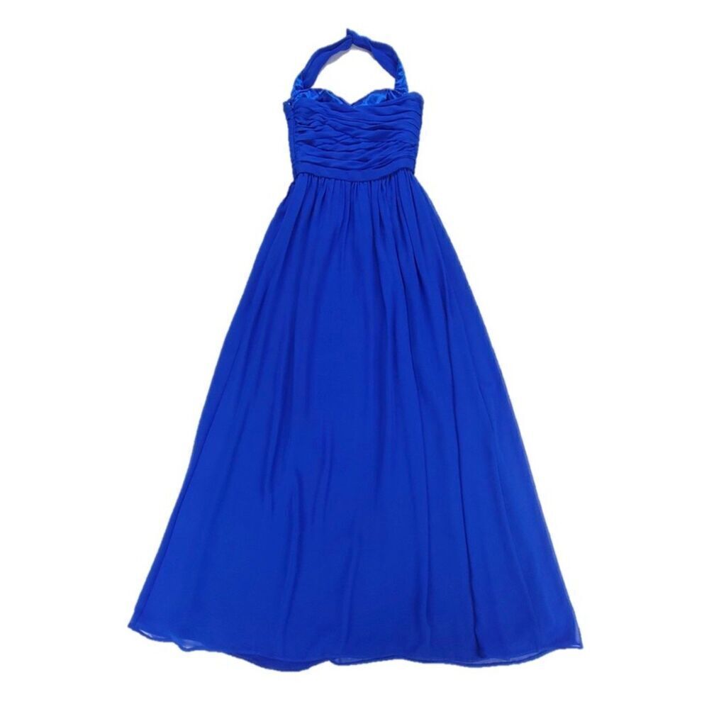 MONIQUE LHUILLIER Chiffon Halter Bridesmaid Gown Maxi Dress Royal Blue 4 Formal - Picture 5 of 8